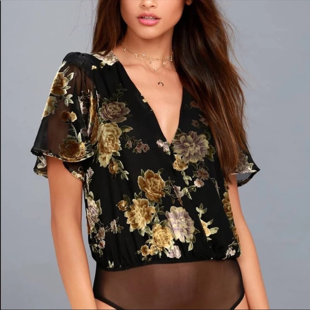 ASTR The Label Black Velvet Floral Bodysuit